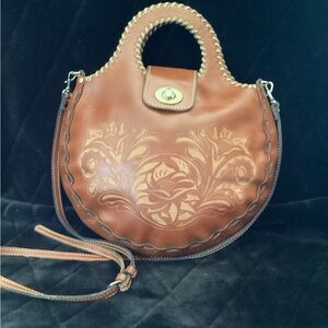 Patricia Nash Tan Leather Shoulder Bag with Floral Embossing